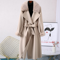 2021 autumn and winter new mink fur suit collar lace-up wool coat womens high-end double-sided cashmere wool medium-long coat
