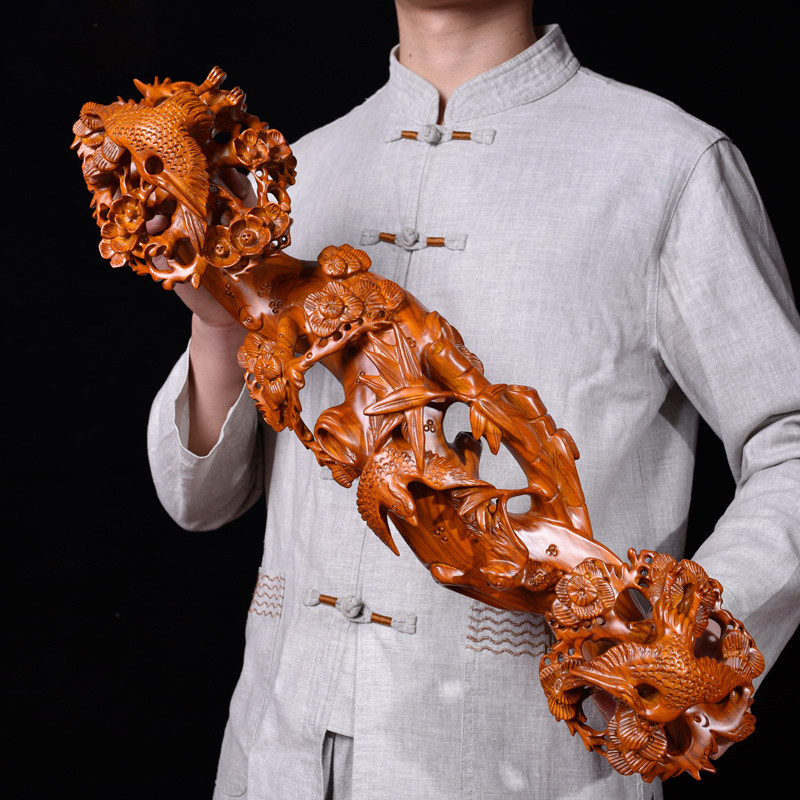 Huanghuali wood Ruyi solid wood carving pine crane ornaments root carving high-end mahogany living room decoration craft gift