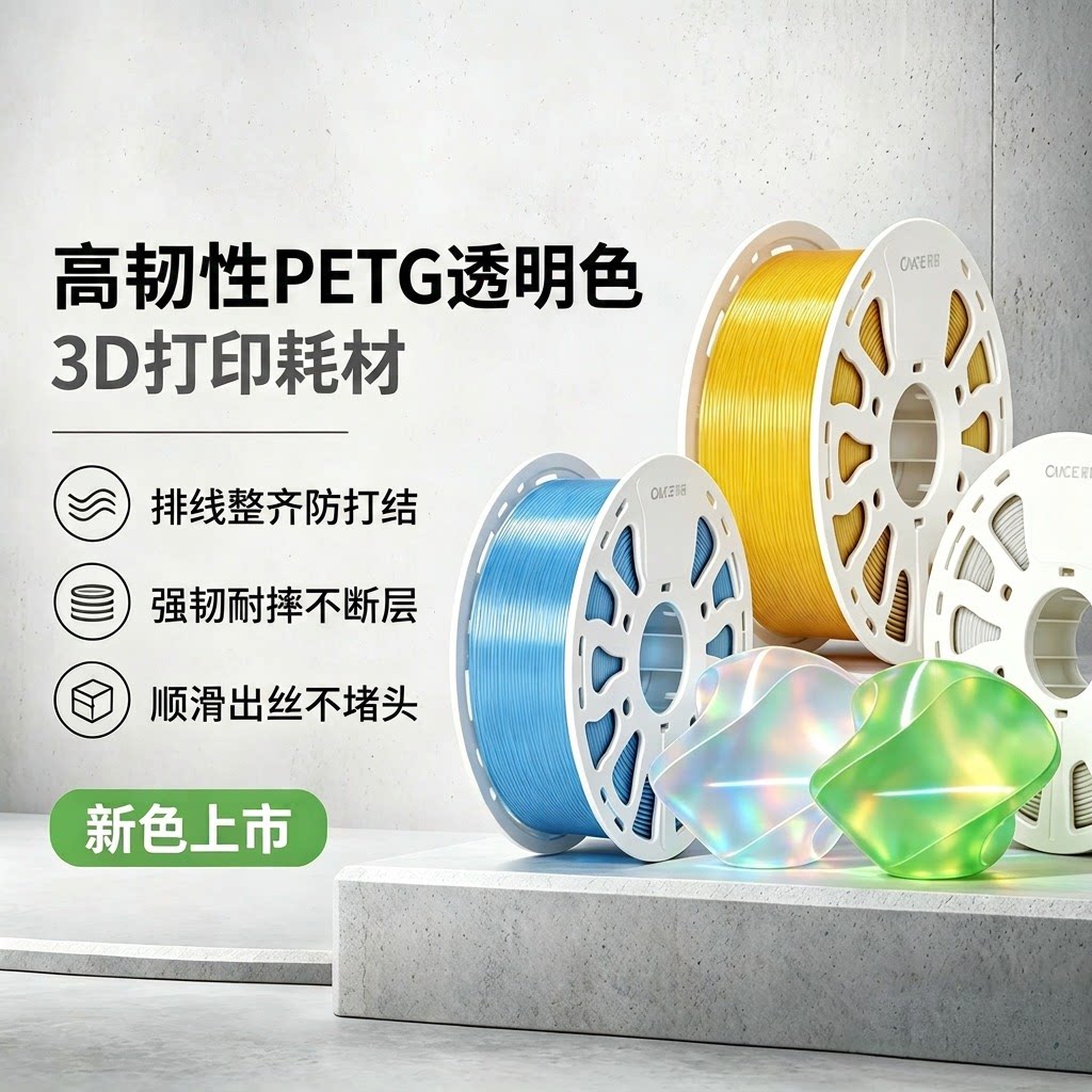 3D printing consumables PETG transparent color, suitable for Chuangxiang Tuozhu 3D printer consumables 1.75mm wire diameter coiled wire, high toughness, smooth wire output, anti-knotting, multi-color wired coils for worry-free use