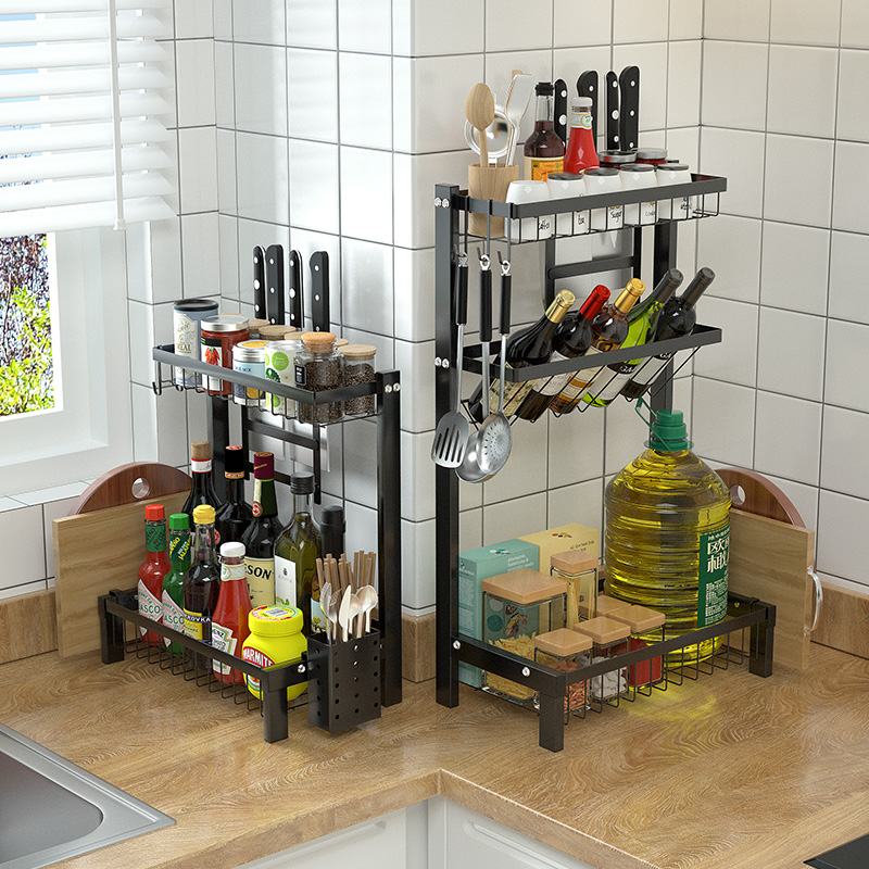 Black stainless steel kitchen rack household countertop seasoning knife holder chopping board storage rack condiment storage rack