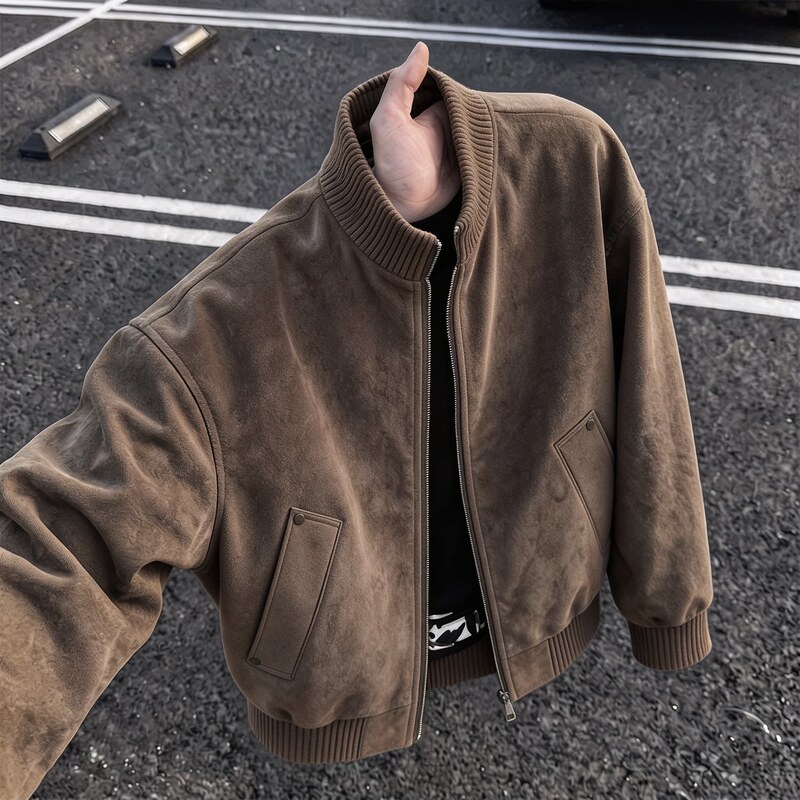American Retro Tie-Dye Pu Leather Jacket for Men, Autumn High-End Style, Stand Collar Baseball Jacket, Short Straight Shoulder Workwear Coat
