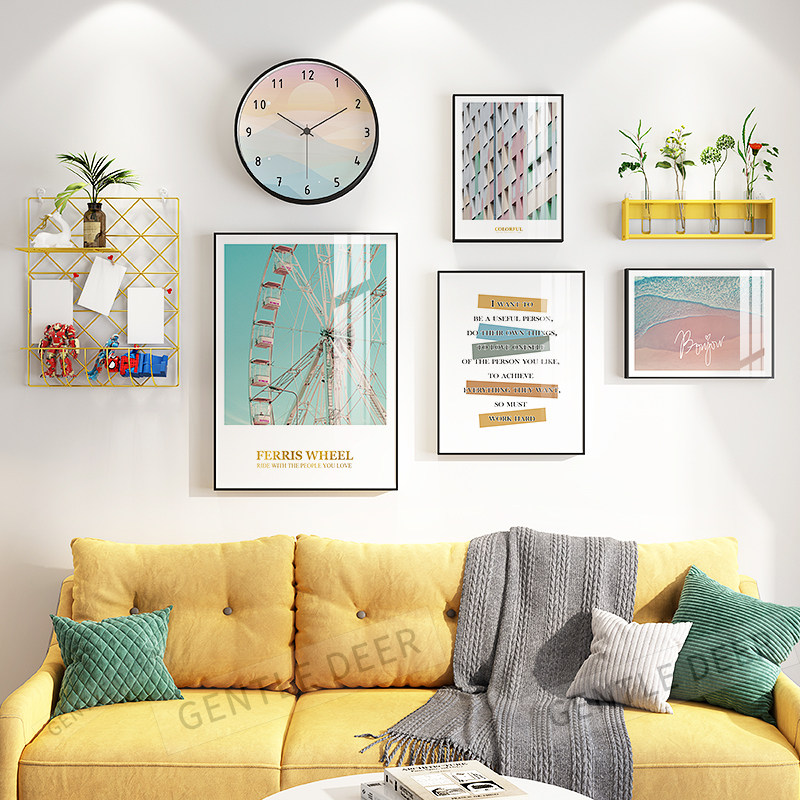 Girl sofa background wall decorative painting combination mural living room hanging painting simple non-perforated dining room wall painting wall clock