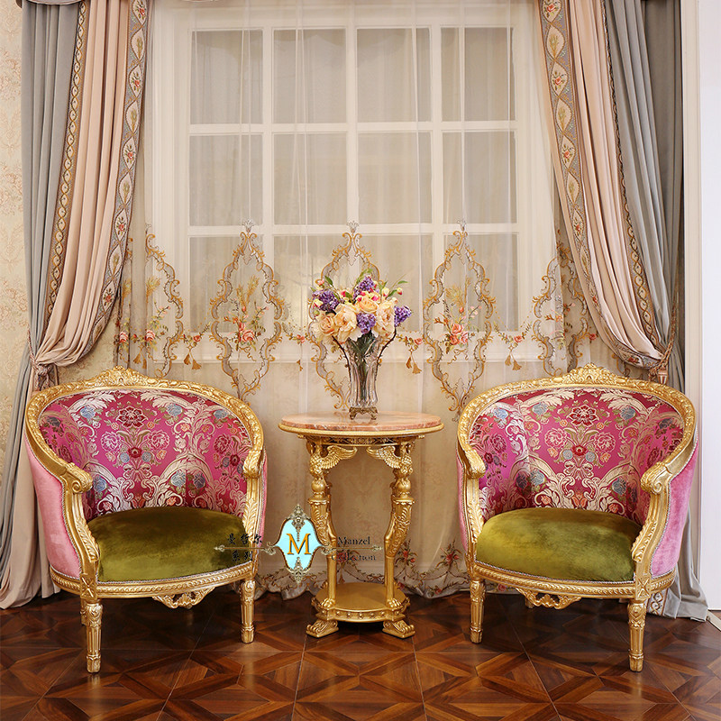 French high-end beech wood carving off logs do old imported pink fabric lounge chair European-style small apartment retro