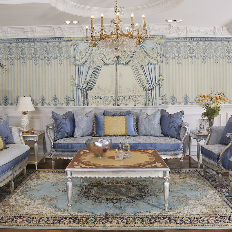 Romantic French palace style all solid wood hand-carved and pasted sterling silver foil ice and snow blue villa sofa set high-end luxury