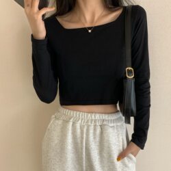 Promotional cotton short tight top women's long-sleeved bottoming shirt new slim hot girl exposed navel slim T-shirt ins trend