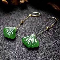  New 18K gold inlaid Hetian jade jasper ginkgo leaf small earrings jade hydrated and delicate novel and chic female models