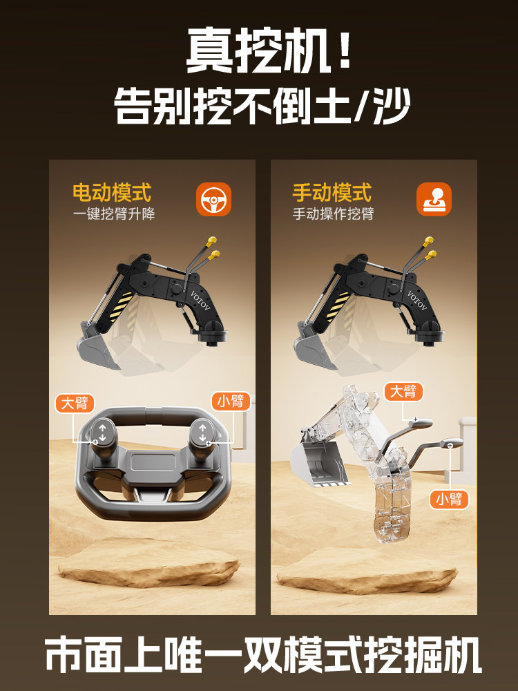 Children's Excavator Toy Car, Rideable, for Boys and Girls, Large Remote-Controlled Electric Excavator, Rideable Construction Vehicle