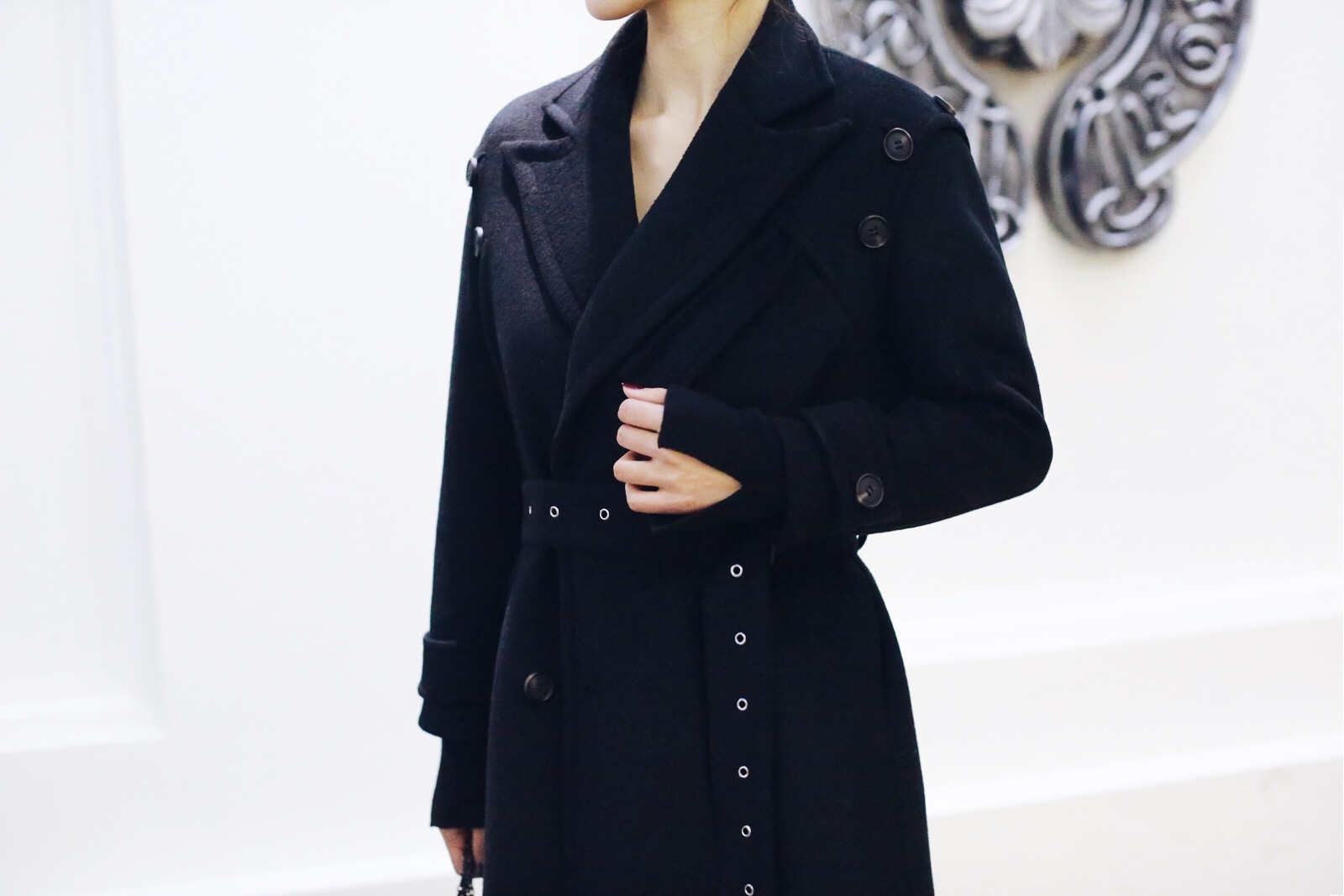 Liseyen mùa thu phụ nữ 2018 new black coat nữ over the knee dài retro eo belt jacket áo khoác dạ nữ dáng suông ngắn