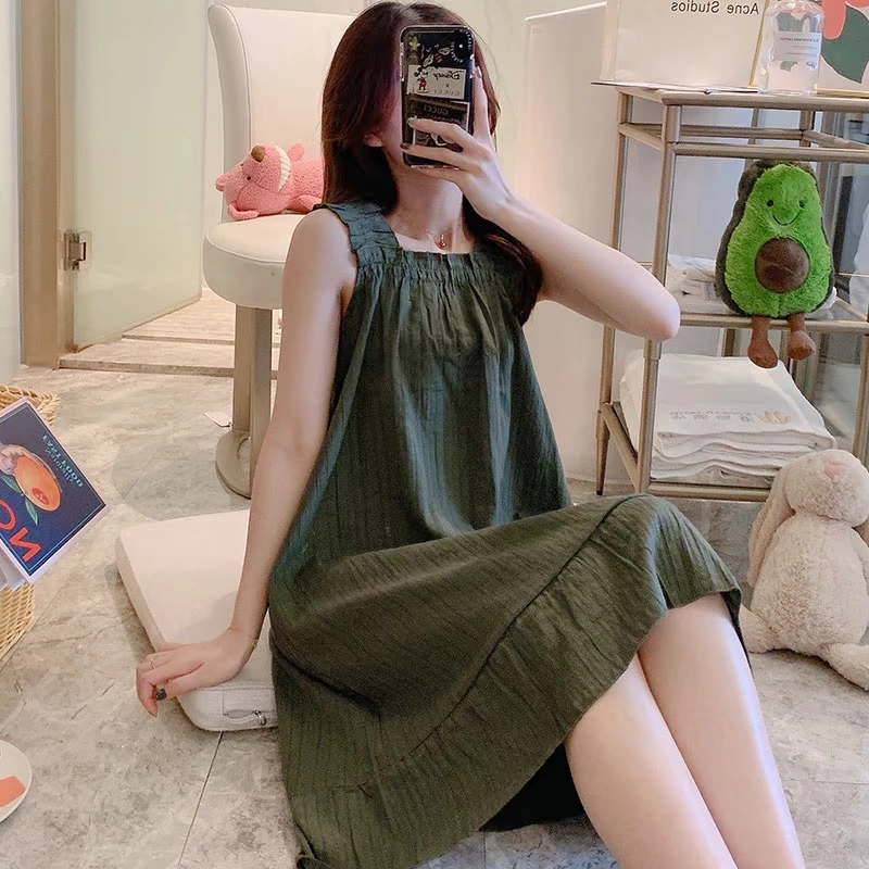 Váy ngủ mùa hè dệt cotton mỏng phần địu ngọt ngào lưới màu đỏ có thể mặc bên ngoài bộ đồ ở nhà kiểu công chúa rất cổ tích đồ ngủ - Đêm đầm