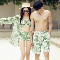 Couple swimsuit womens three sets sexy bikini long sleeve hooded 2024 new bubble warm spring male elastic beach pants