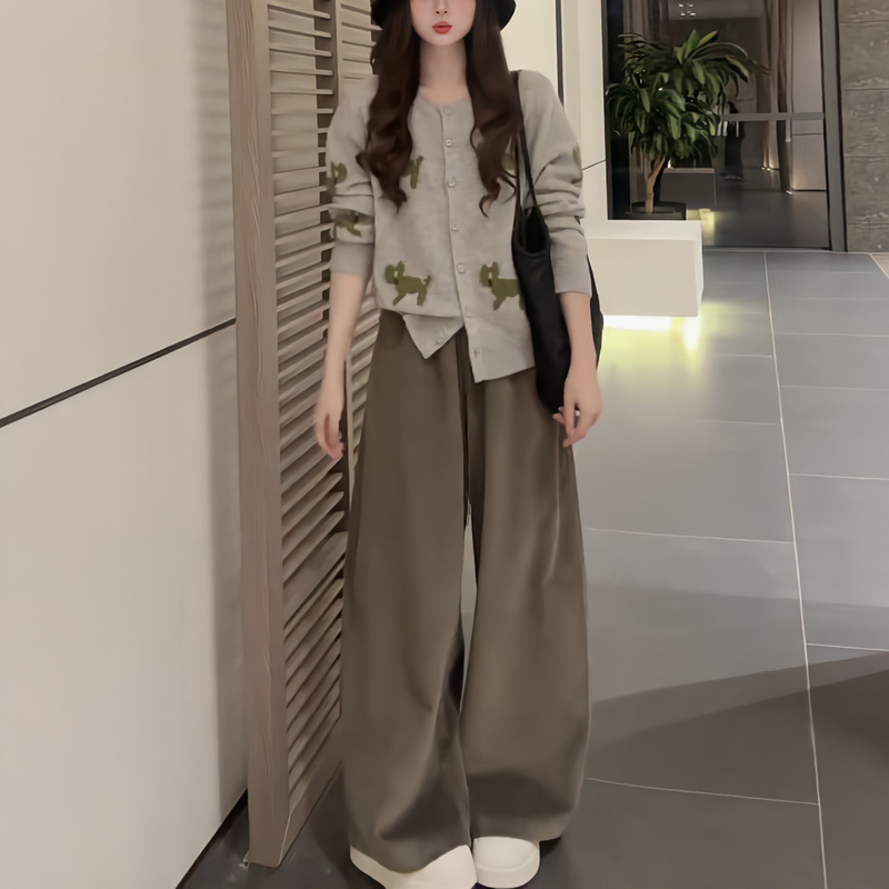European Casual Sports Suit for Women, Spring and Autumn 2026 New Korean Style Loose High-Waisted Wide-Leg Pants Two-Piece Set, Slimming