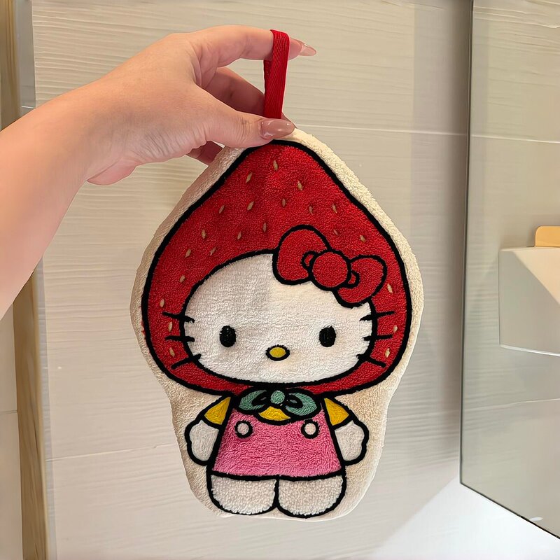 Strawberry Kt Cat Hand Towel Absorbent Towel with Hanging Rope for Home Bathroom Kitchen Coral Fleece Thickened