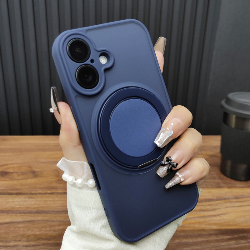 Suitable for Apple 17Promax Phone Case iPhone 16 Skin-Like Matte Finish 14 Magnetic Charging 13 Rotating Stand 12 Anti-Drop Silicone Full Coverage 11 Protective Case 15 Stylish Deep Sea Blue D53