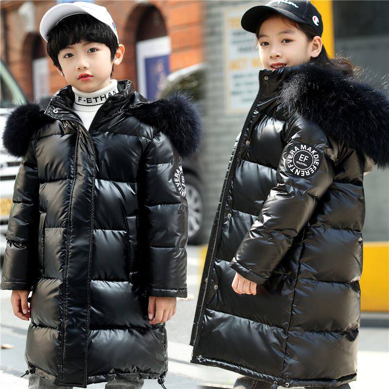 Children's down jacket boys and girls medium and long version of Down jacket bright face disposable white duck down thick hair collar children's clothing winter