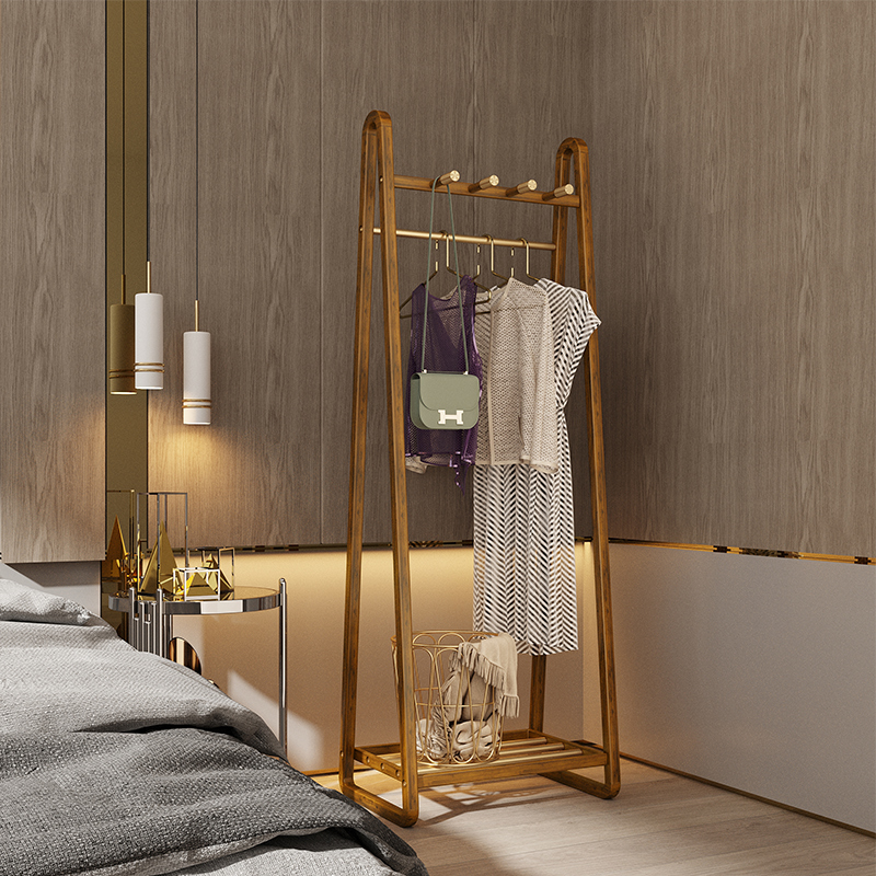 U Home｜New Chinese style solid wood coat rack floor-to-ceiling bedroom household copper wood antique coat rack multi-functional