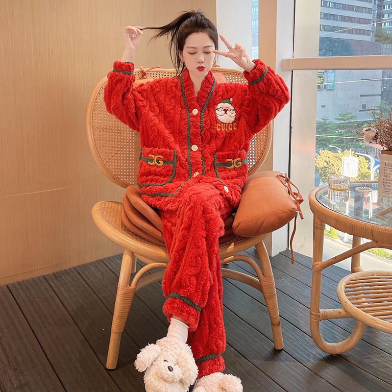 Light luxury style~exported to Europe and the United States women's pajamas autumn and winter coral fleece plus velvet thickened warm home clothes
