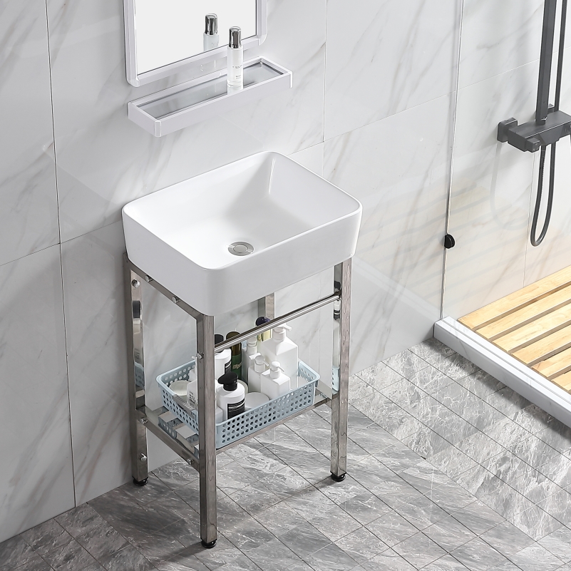 Small Household Type Floor Type Ceramic Washbasin Washbasin Makeup Room Stainless Steel Bracket Outdoor Balcony Integrated Table Basin