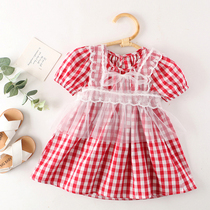 Girls short sleeve dress summer 2021 new foreign style Cotton Girl Plaid princess dress children Net red skirt