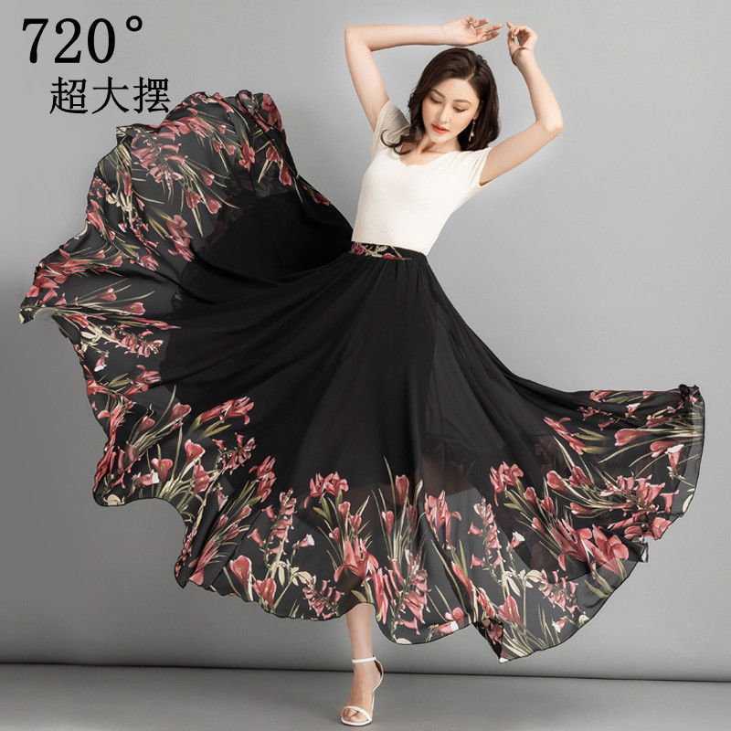 Elastic Waist Summer New Style 720-Degree Chiffon Flared Skirt High-Waisted A-Line Midi Skirt Mid-Length Beach Skirt Over-The-Knee Long Skirt
