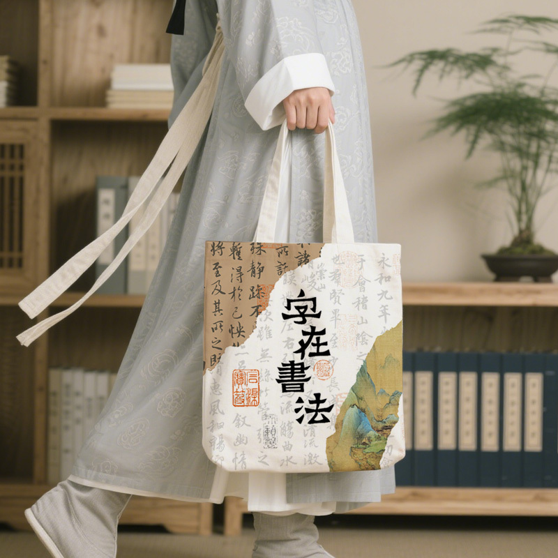 Chinese Calligraphy French-Style Canvas Bag with the Preface to the Lanting Scroll, Ancient Bamboo Art, Single-Shoulder Tote Bag, Large Capacity Student School Bag