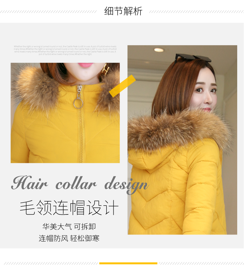 Quần áo cotton cotton cotton phần dài nữ mùa đông in lông cổ áo xuống quần áo cotton dày 2018 mới áo phao lót lông cừu
