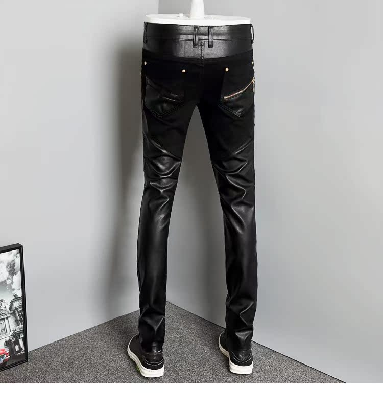 Quần nam nam nửa da mùa thu và mùa đông denim khâu quần da quần áo thời trang