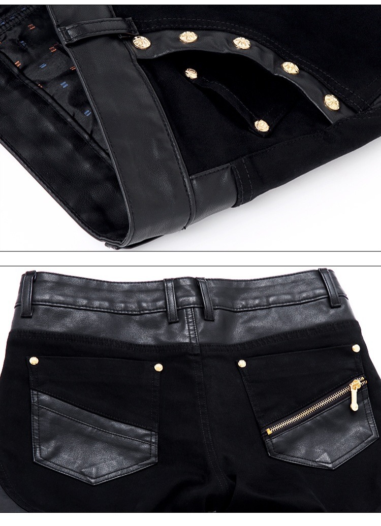 Quần nam nam nửa da mùa thu và mùa đông denim khâu quần da quần áo thời trang