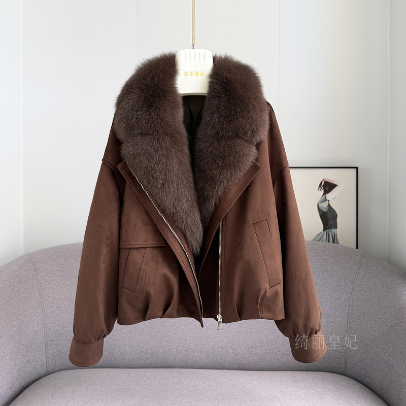 Vintage Suede Fox Fur Collar down Jacket for Women, Short Biker Jacket, Winter Light Luxury Thickened Warm Coat Vintage Suede Fox Fur Collar down Jacket for Women, Short Biker Jacket, Winter Light Luxury Thickened Warm Coat