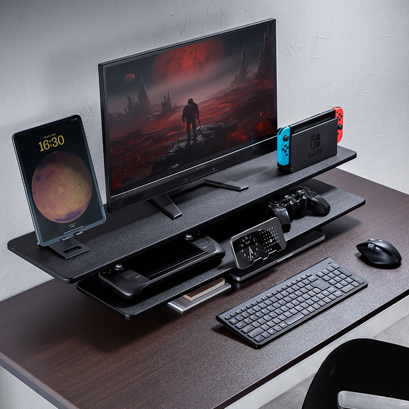 Japan Sanwa Shanye Desktop Stand for Dual Monitors, Height-Adjustable Platform, Double-Layer Storage Rack with Phone Holder