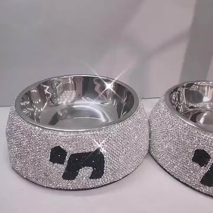 Bling Double Bowl Stainless Steel Dog Food Basin Large High Diamond Rhinestone Luxury Pet Bowls