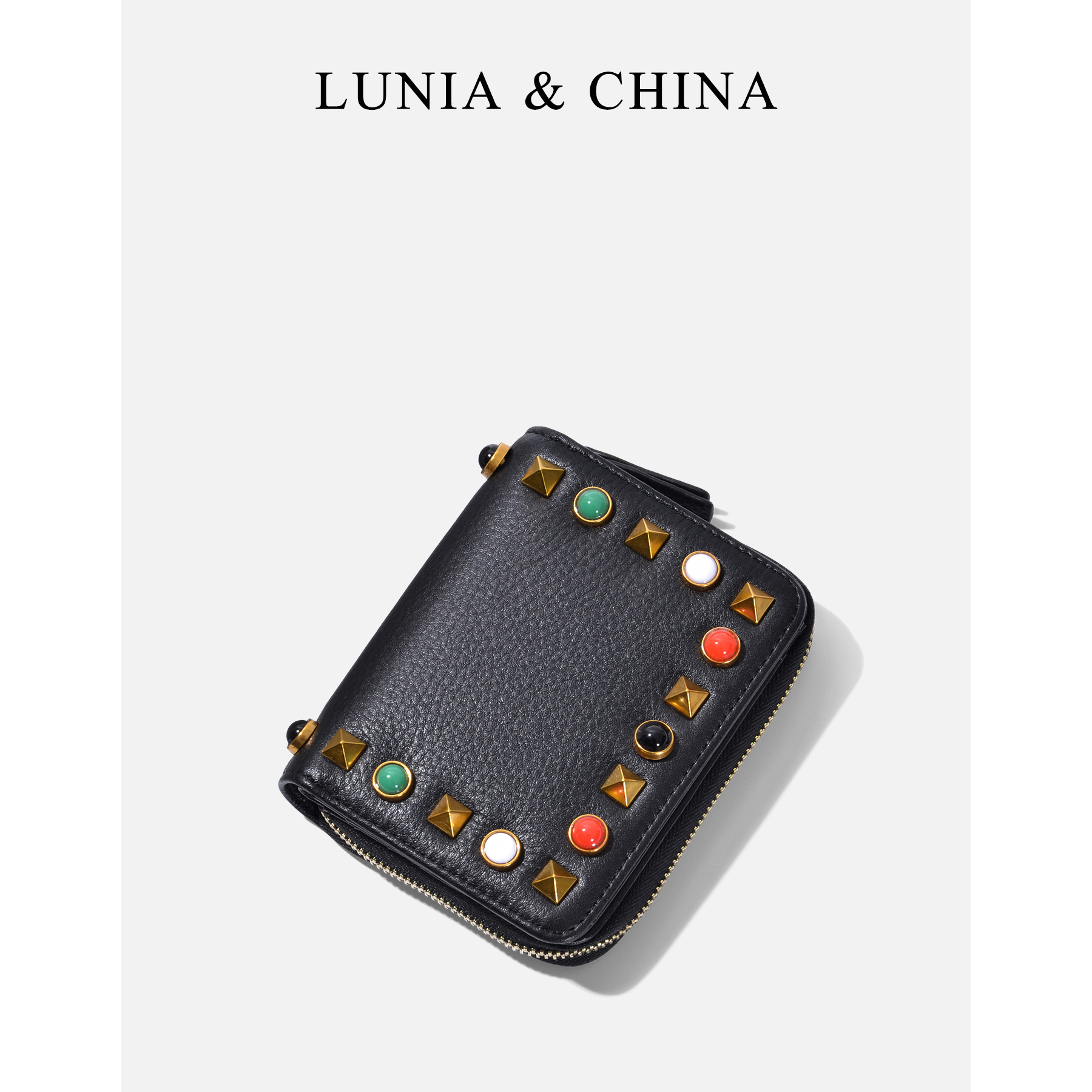 New Rivet Pearl Card Bag Genuine Leather Short Clip Female Cow Leather Retro European and American Handbags Fashion Money clip women