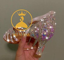 Wuyisha girls square-heeled Latin shoes with diamonds competition shoes dark-skin satin soft-soled dance shoes wy05