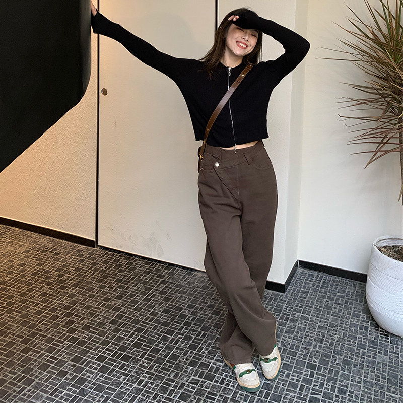 Small Pull-out Pint Coffee Skew Denim Jeans Wide Pants Woman Autumn Winter New Pint Slim 100 Lap Straight Barrel Long Pants Casual Pants