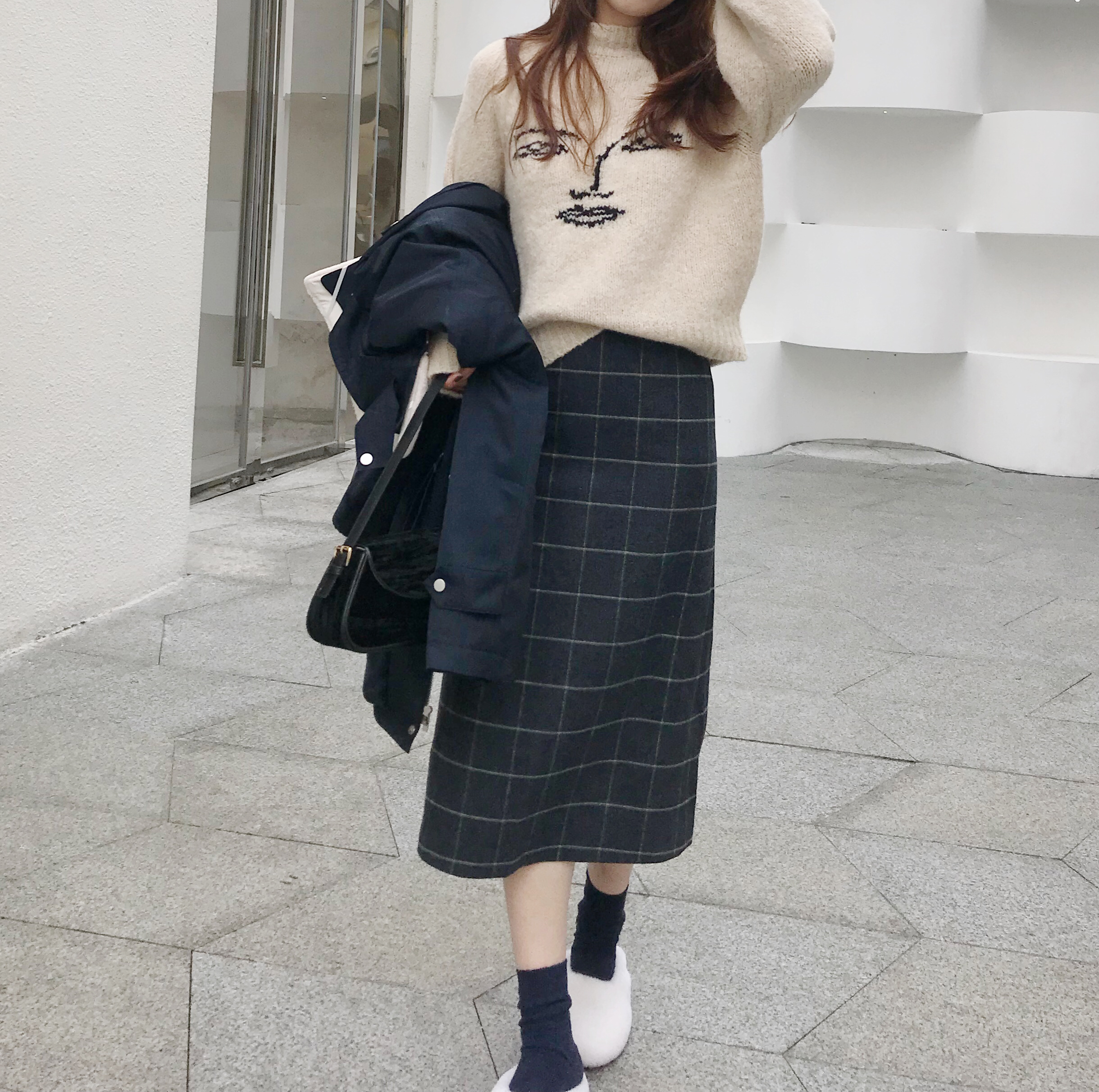 Small Pull Autumn Winter Wool High Waisted Plaid G Thread Long Version One Step Skirt Half Body Dress Thickened Over Kneecap