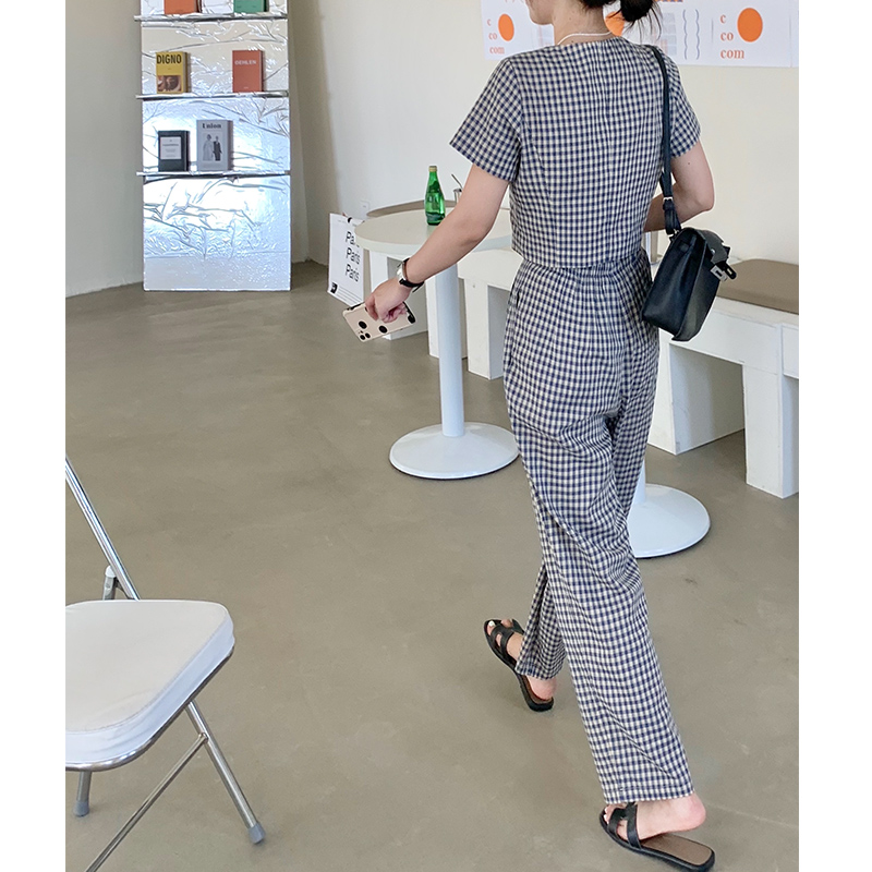 Small pull 1937 blue and white plaid short sleeve top high waist wide trousers two-piece fashion set