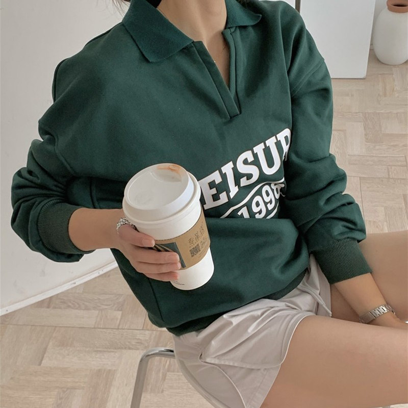 Small pull 1937 Green White V collar sweater women bf style casual letter lapel niche jacket Autumn New