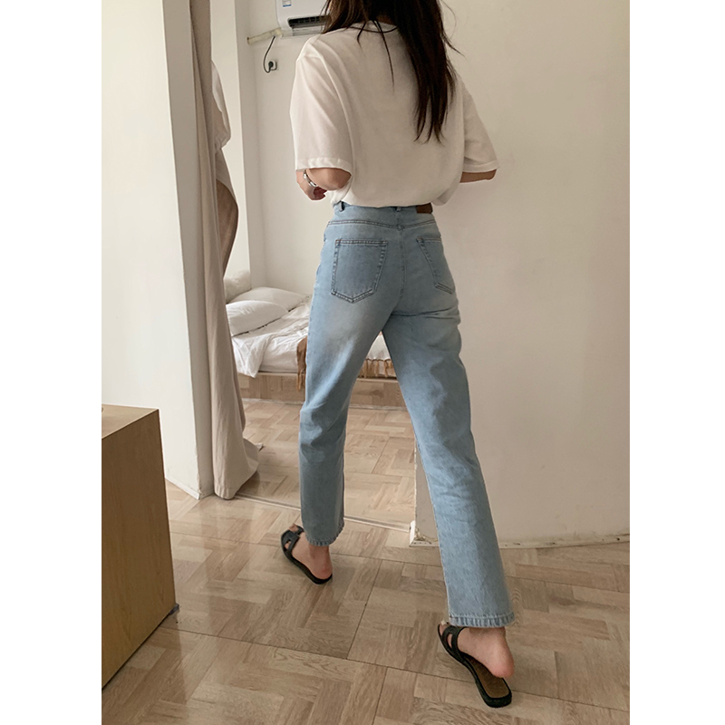 Xiaoxiaola 19.37 million jeans female straight nine points cotton high waist light color retro slim spring style