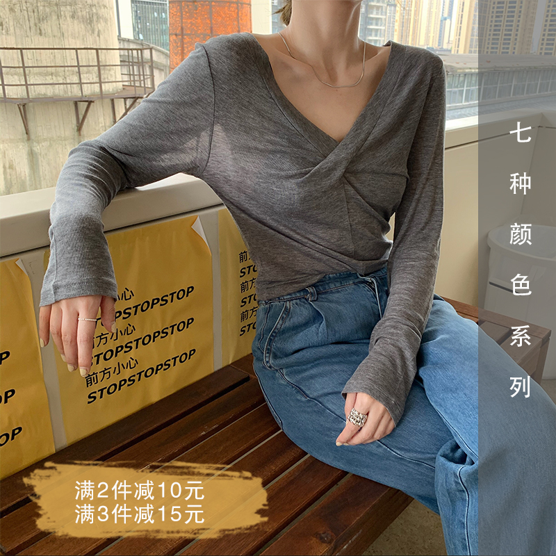Xiaoxiaola product Tencel wool knitted solid color bottoming shirt Cross V-neck design sense long-sleeved T-shirt top