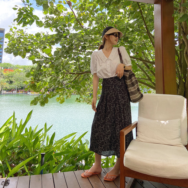 Small Lajia Green Open Fork Woman High Waist Side Pull Necklace 100 Lap Super Cool Quick Black Printed Half Body Dress Summer Pituality