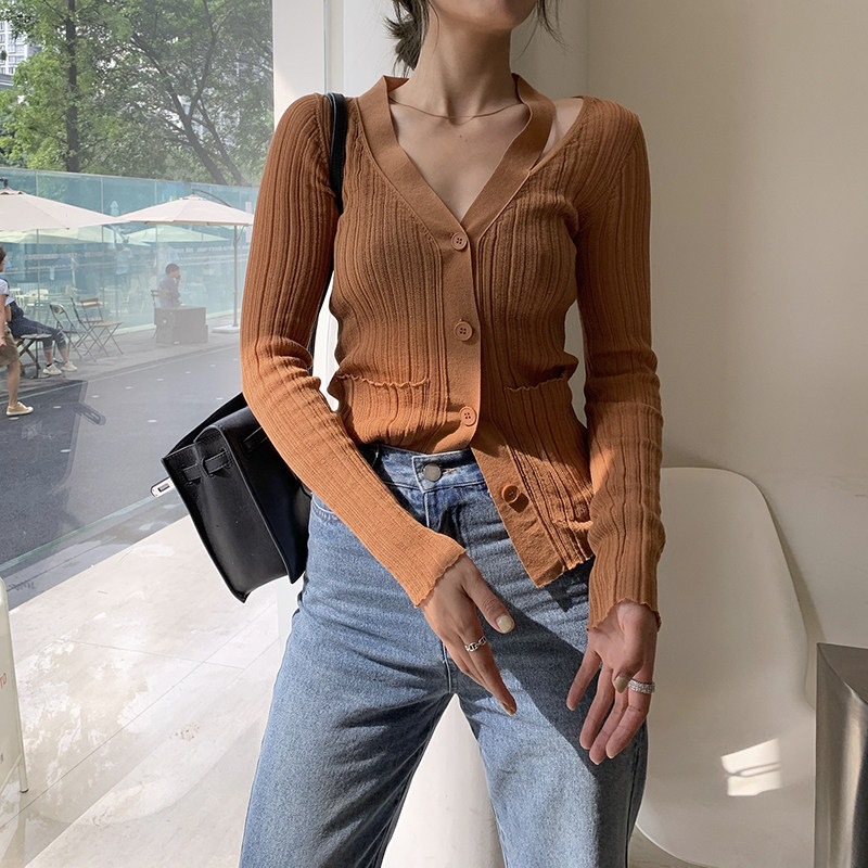 Small Pull-out Pint Orange Design Sensation Shoulder Strap Open Fork Blouse Long Sleeve Cardigan 2022 Early Autumn New Stitch Cardigan