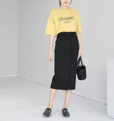 (Produced by Xiaolajia) single-breasted front button knitted medium-length thick black elastic skirt