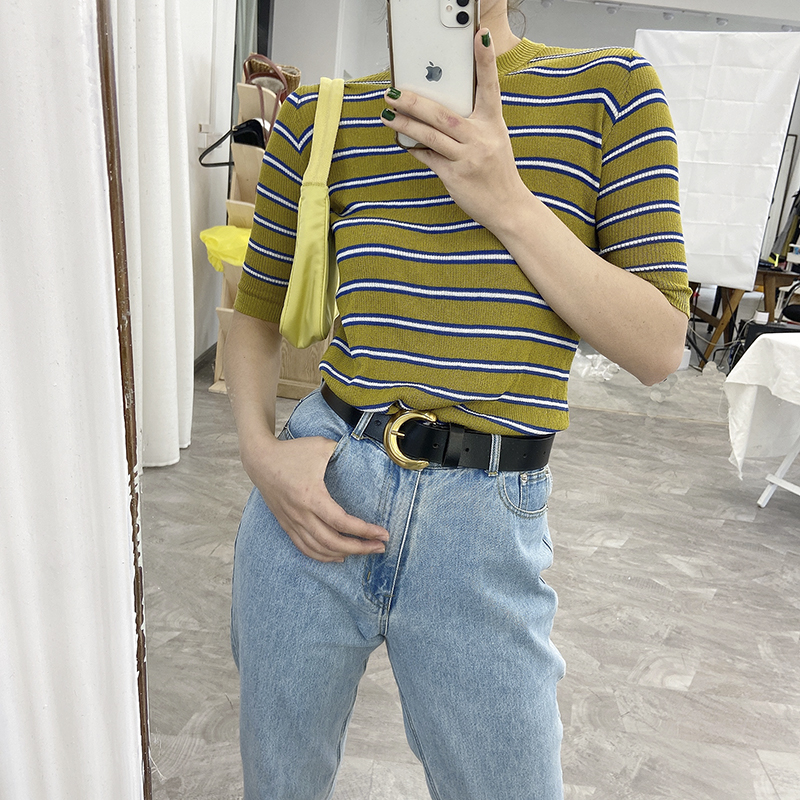 Small Pull Bicolor Stripe Ice Silk Trekage Hooded Sweatshirt Woman Thin high Ji fit color short sleeve blouse T-shirt Summer