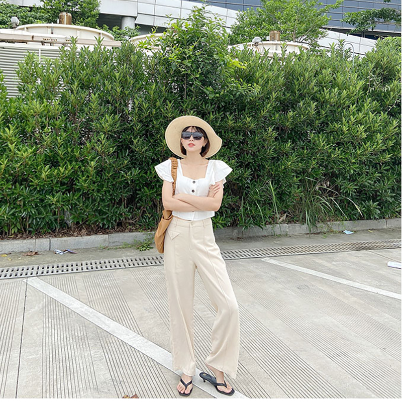 Small pull-out milk Milk White Twill Casual Long Pants Bermuda Shorts Loose Casual Sloppy Pants Woman Length