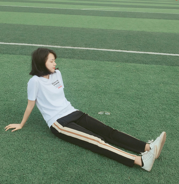 Side striped casual school uniform trousers elastic waist sweatpants lazy trousers paper-cut exhibition crispy driving shoes turbid