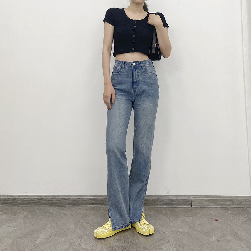 Small pull classic trouser legs split thick legs slim jeans women high waist small straight pants pants spring and autumn