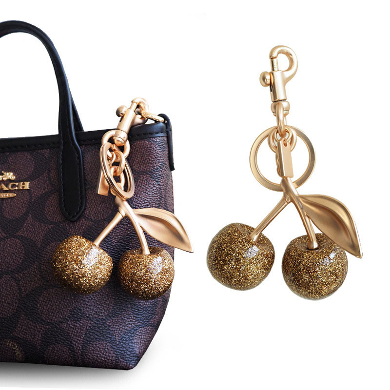 Golden Resin Cherry Pendant Suitable for Coach Bags, Fruit Keychain, Exquisite Ornament
