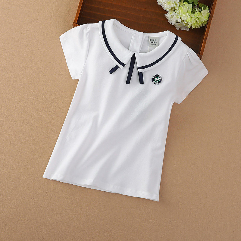 Girls short-sleeved T-shirt middle-aged girls half-sleeved cotton white lapel summer college style children's T-shirt top