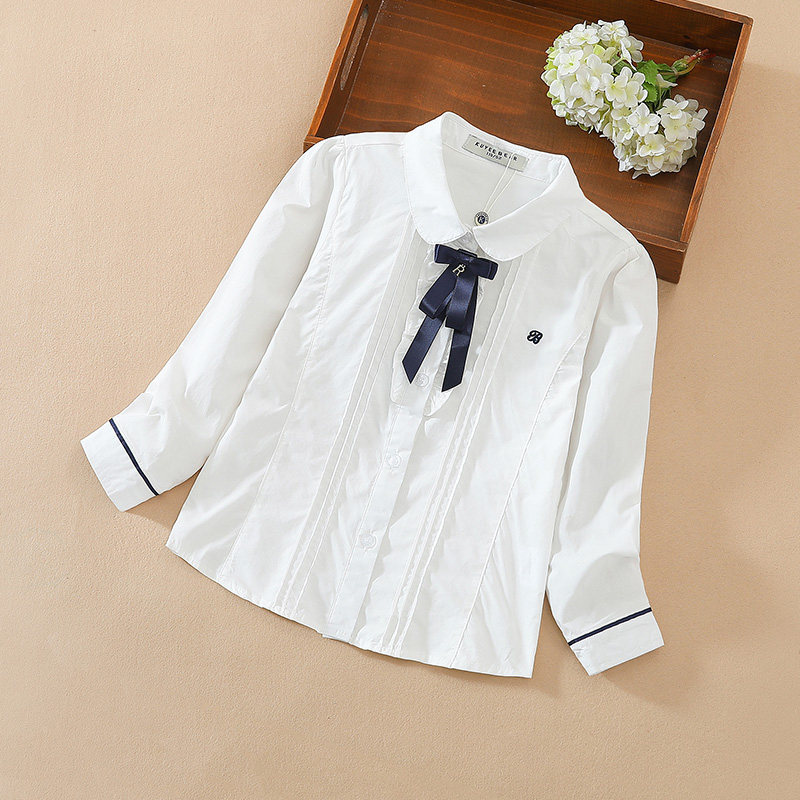 Girls' Shirts Long Sleeve Cotton Western School Style White Children's Shirts Spring and Autumn Baby Lapel Bow Tops