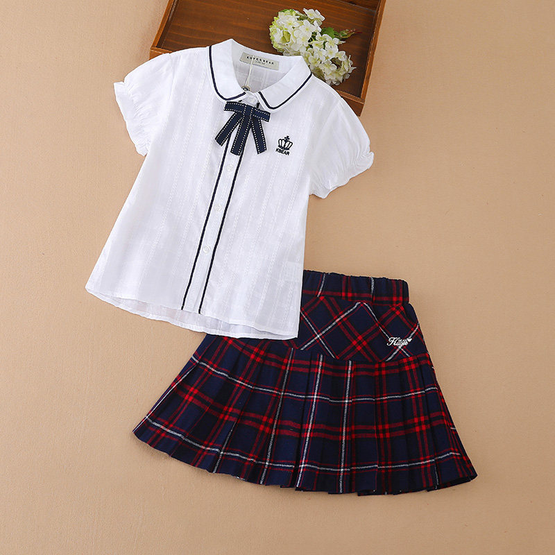 Girls' plaid skirt suit summer skirt British naval college style children's Western style short-sleeved shirt two-piece set