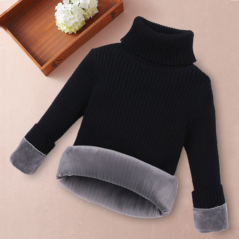 Girls black sweater plus velvet thick knitted sweater Western style children's high-neck sanitary clothes baby warm pullover bottoming shirt